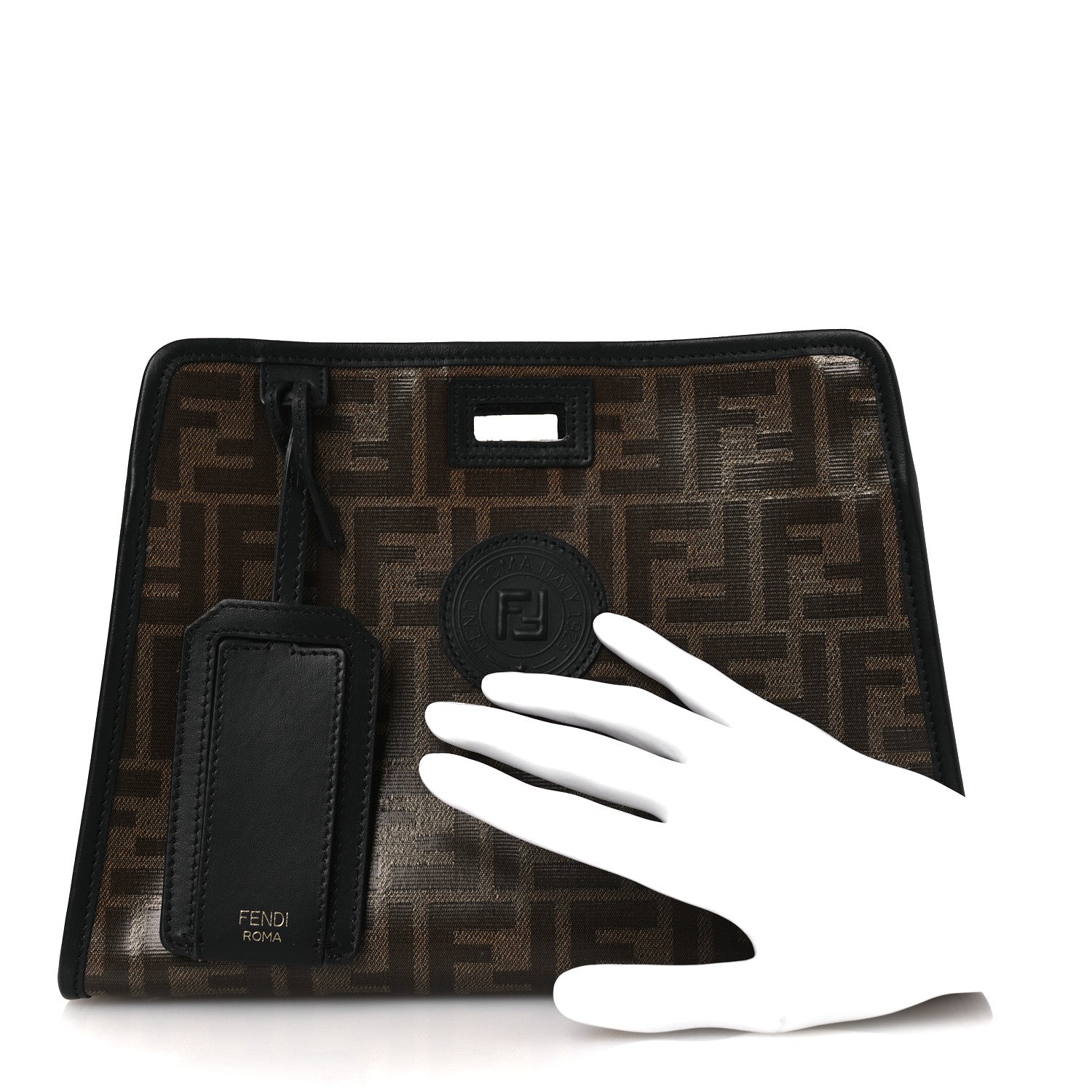 Fendi Glazed Fabric Vitello Century FF 1974 Stamp Patch Mini Peekaboo Defender Cover Mogano Panna Black 2 of 8