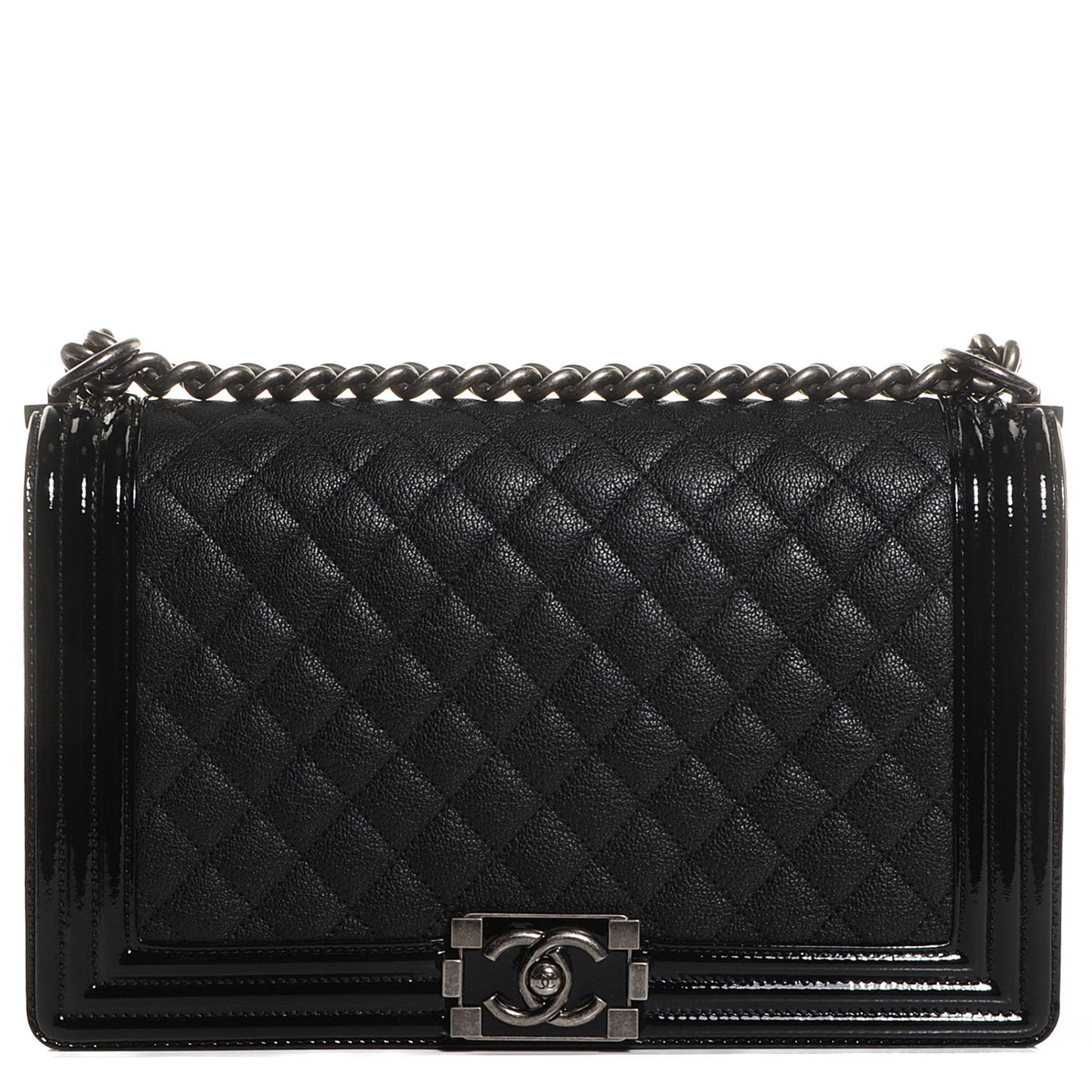 Patent Goatskin Quilted New Medium Boy Flap Black