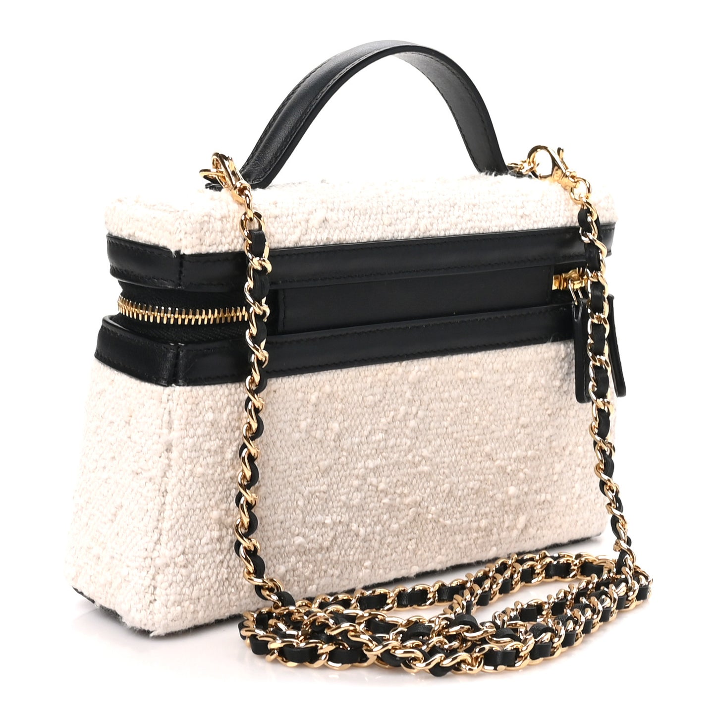 Boucle Calfskin Top Handle Slim Vanity Case With Chain Ecru Black