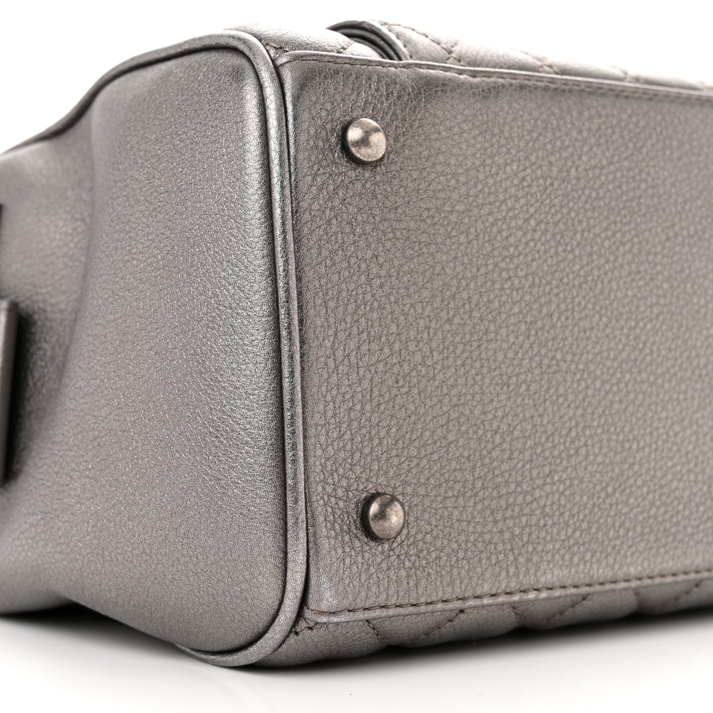 Metallic Grained Calfskin Quilted Large Casual Pocket Bowling Bag Silver