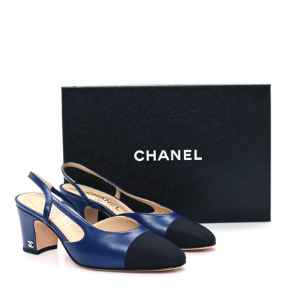 Chanel Goatskin Grosgrain Cap Toe CC Slingback Pumps 36.5 Navy Black 10 of 10