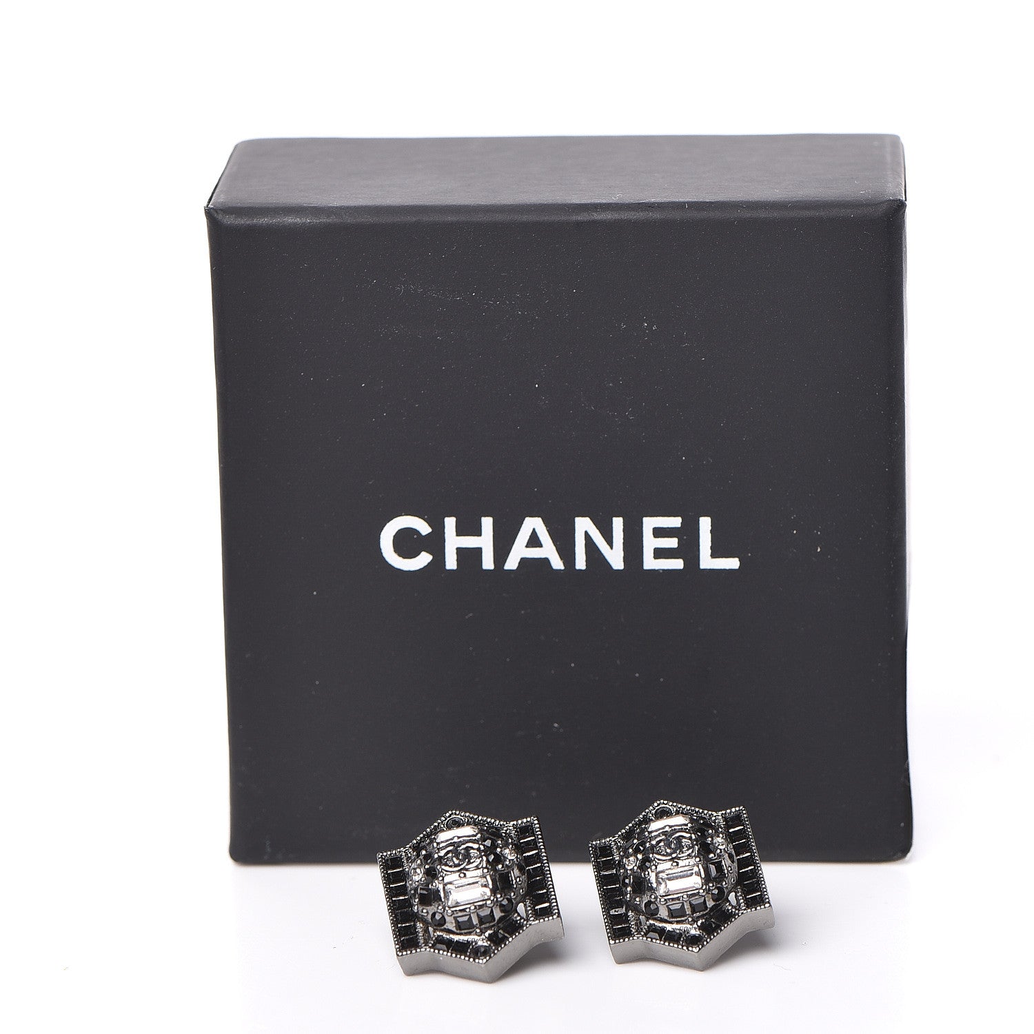 Chanel Crystal Baguette CC Stud Earrings Black 5 of 5
