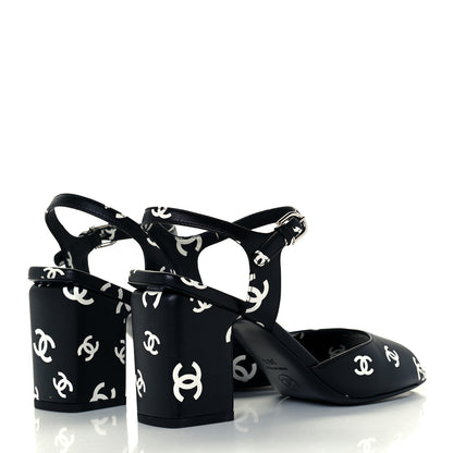 Chanel Printed Lambskin CC Sandals 36.5 Black White 4 of 11