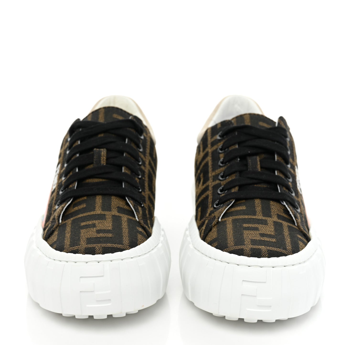 Fabric Jacquard FF Rainbow Womens Fendi Force Low-Top Sneakers 37.5 Tobacco Black White Multicolor
