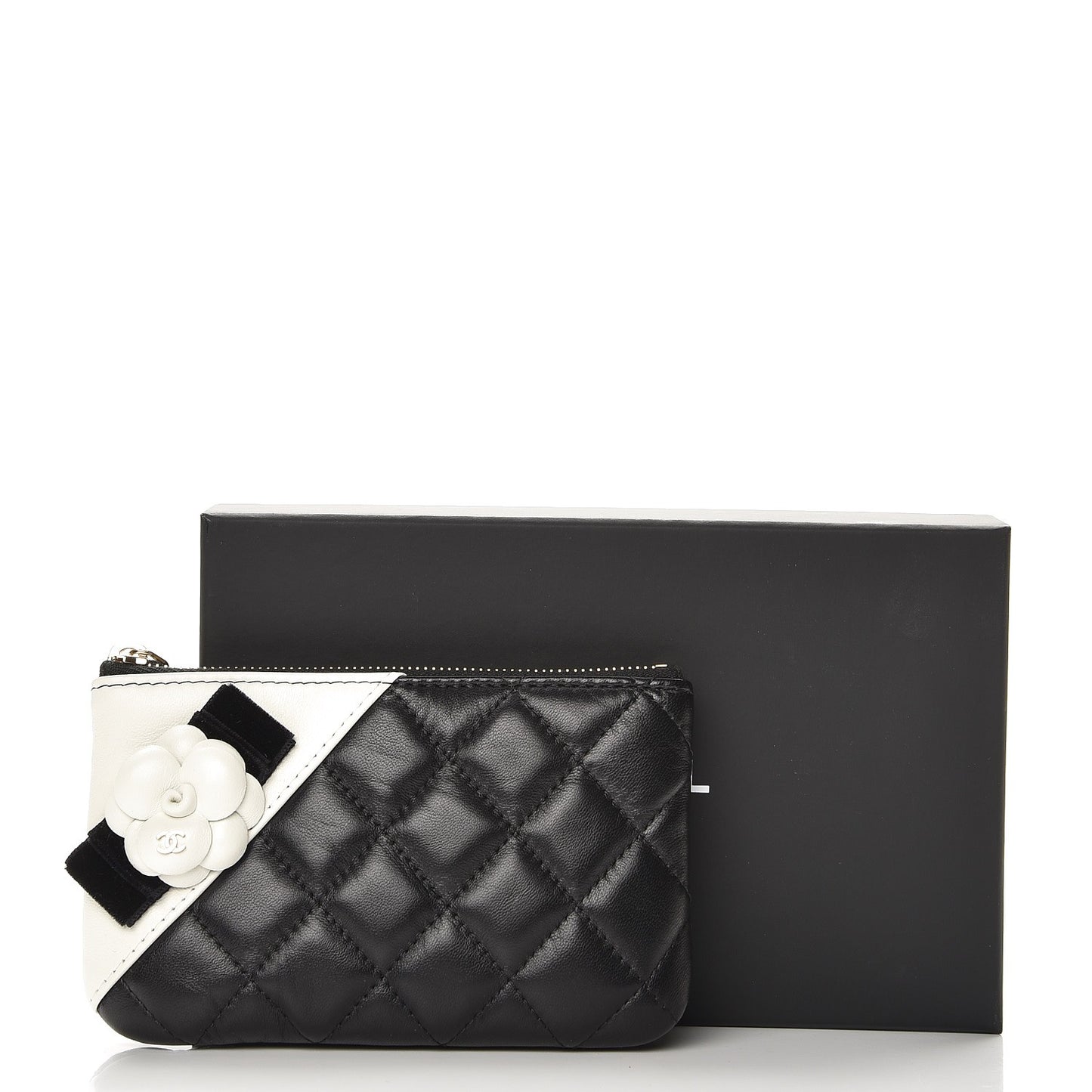 Lambskin Quilted Small Camellia Cosmetic Pouch Black White