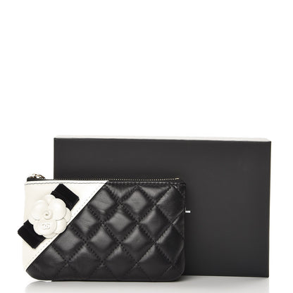 Chanel Lambskin Quilted Small Camellia Cosmetic Pouch Black White 8 of 8