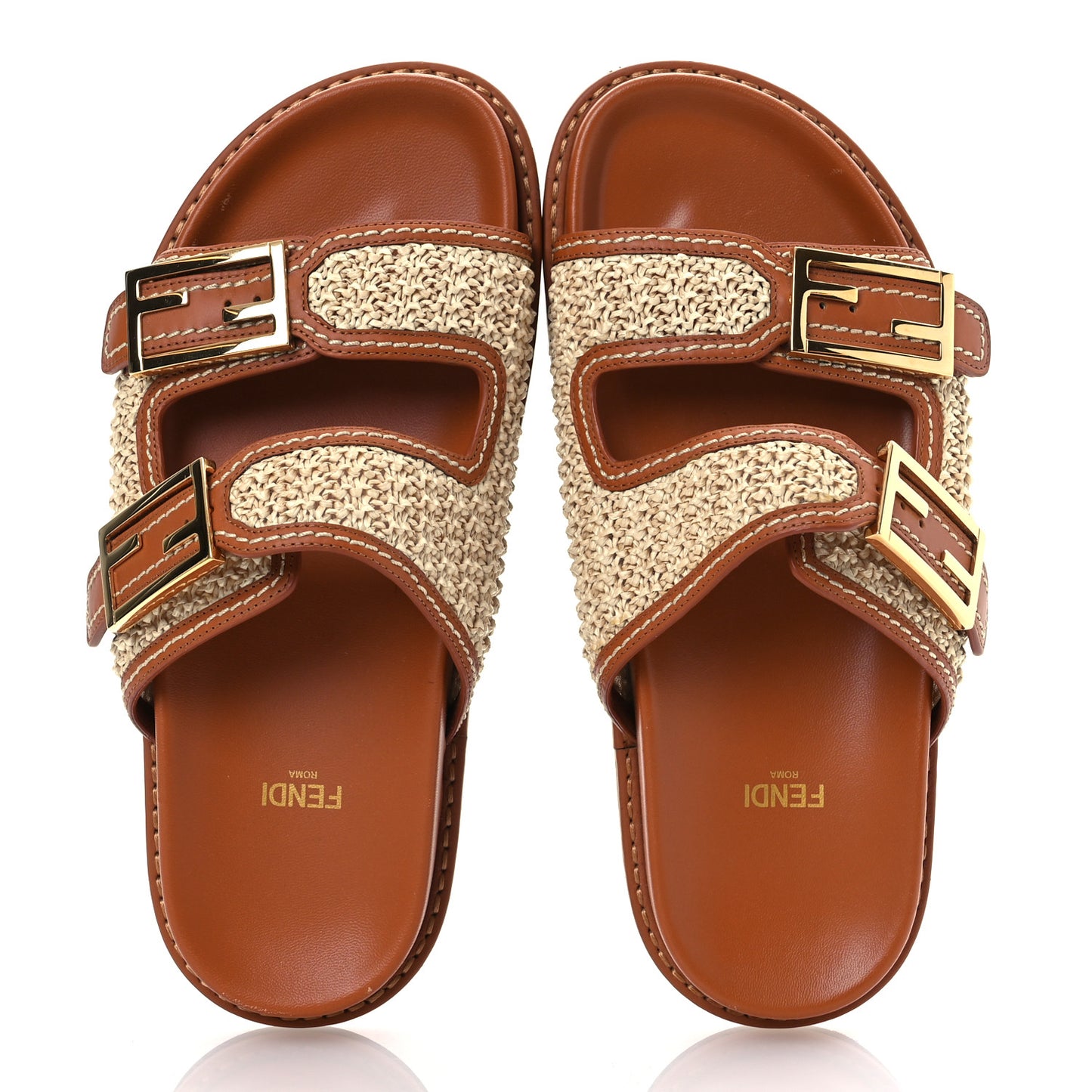 Raffia Vitello Womens Fendi Feel Buckled Slide Sandals 37 Paglia Brandy