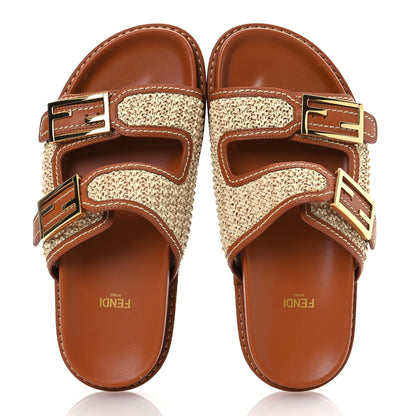 Fendi Raffia Vitello Womens Fendi Feel Buckled Slide Sandals 37 Paglia Brandy 2 of 12