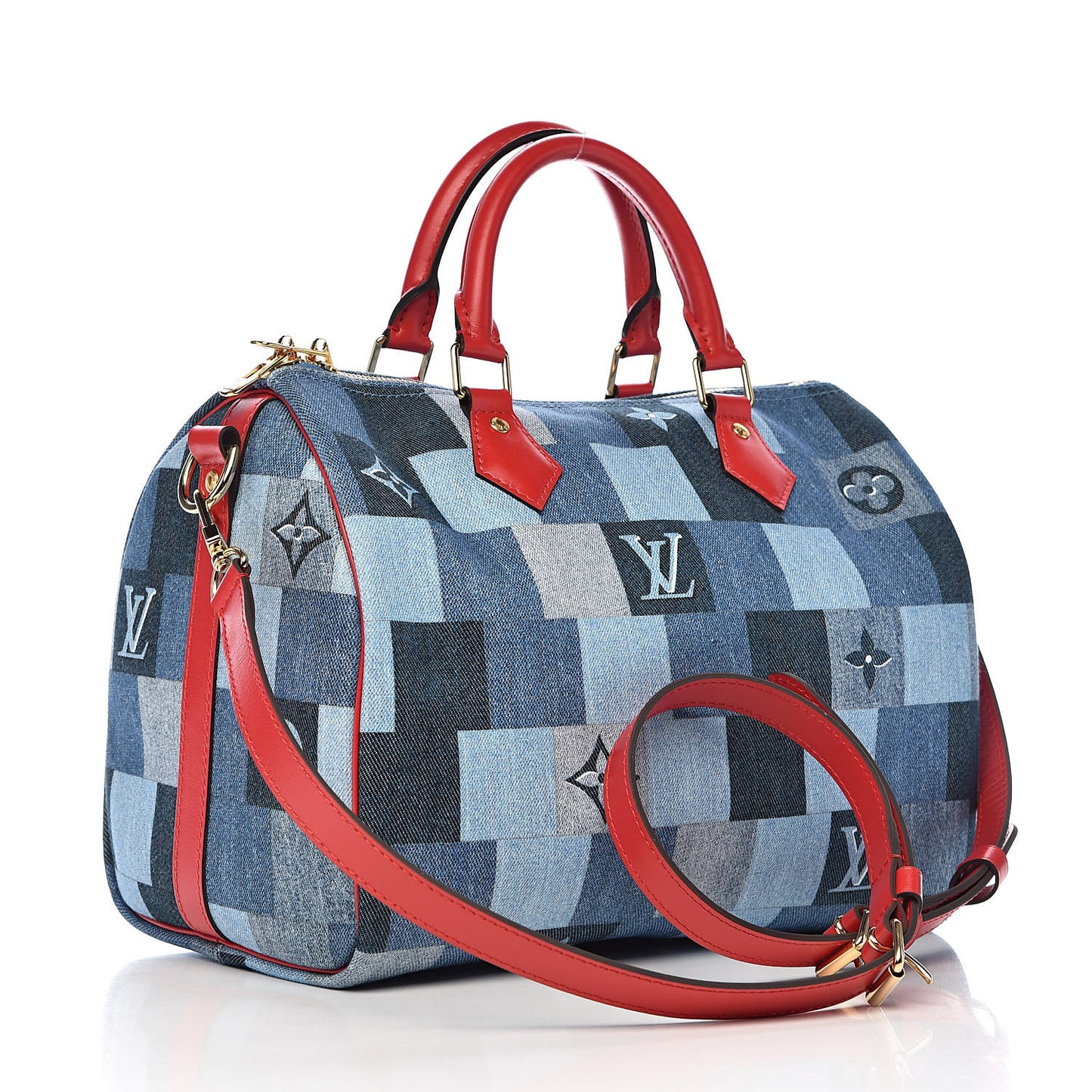 Denim Damier Monogram Patchwork Speedy Bandouliere 30 Blue Rouge