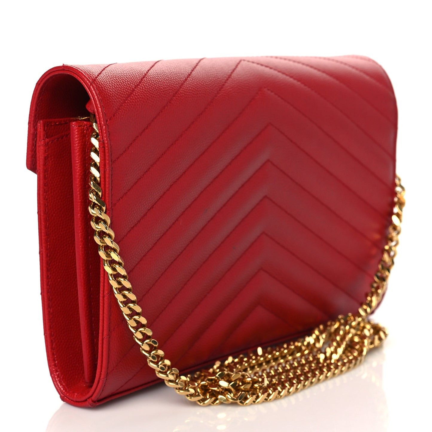 Grain De Poudre Matelasse Chevron Monogram Envelope Chain Wallet New Red