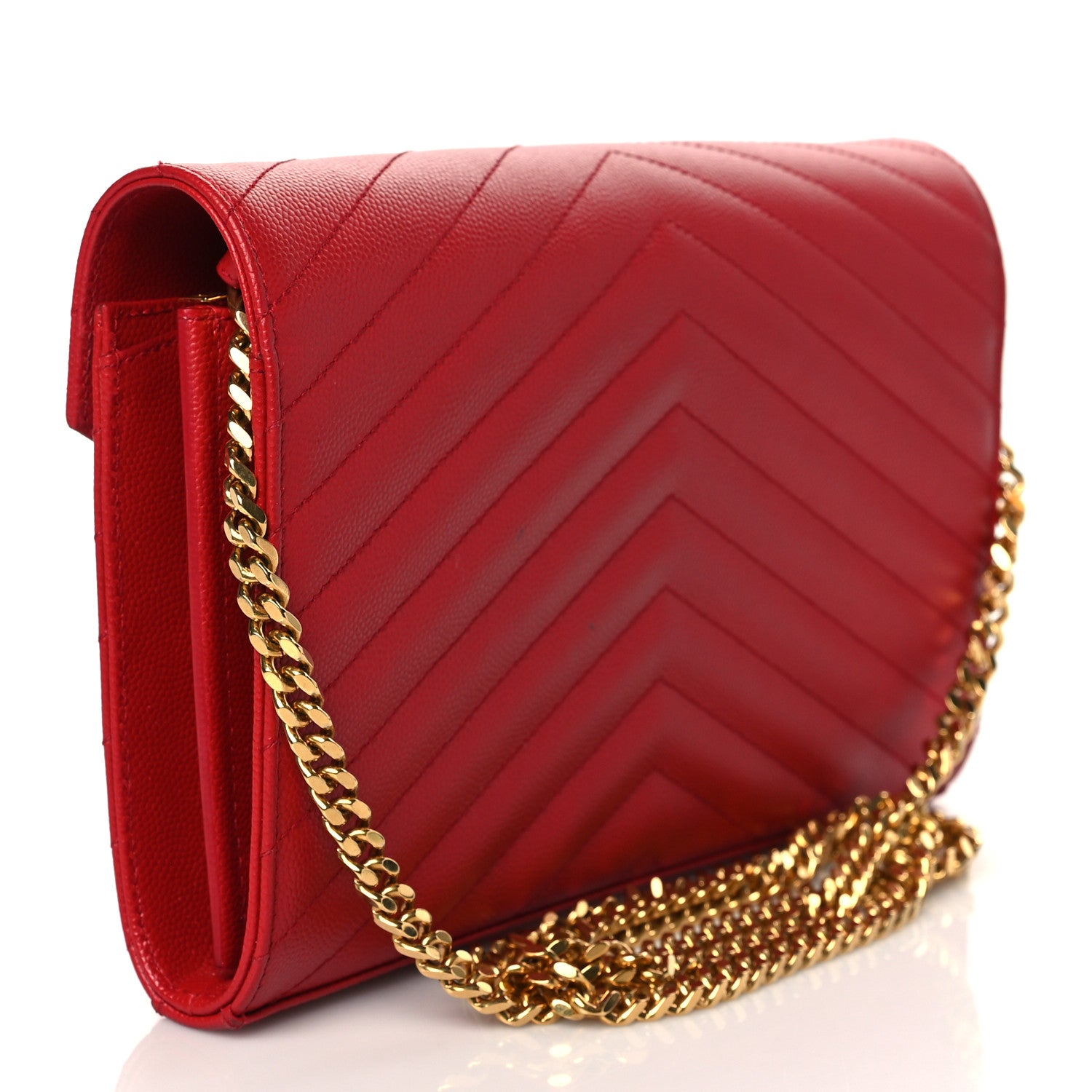 Saint Laurent Grain De Poudre Matelasse Chevron Monogram Envelope Chain Wallet New Red 3 of 9