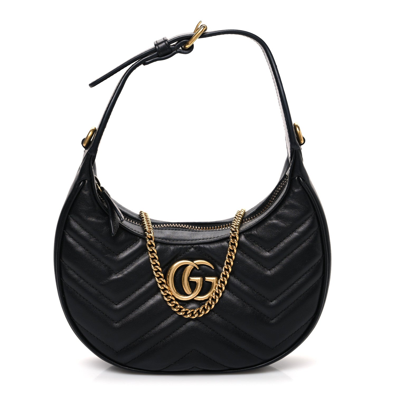Gucci Calfskin Matelasse Chevron Mini GG Marmont Half Moon Hobo Black 1 of 11