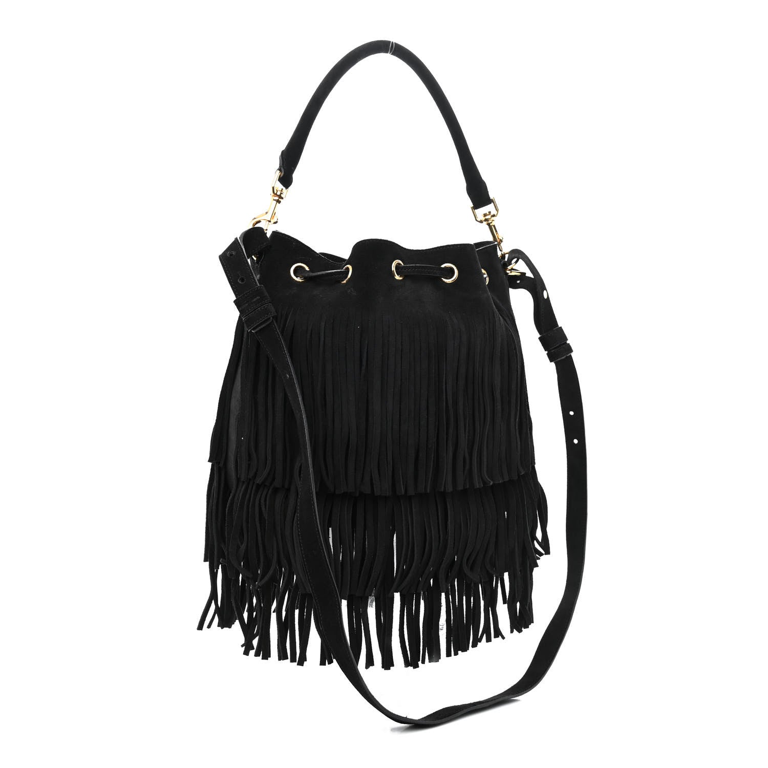 Saint Laurent Suede Calfskin Small Emmanuelle Fringe Bucket Bag Black 2 of 9