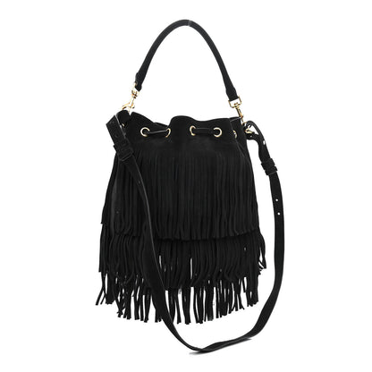 Saint Laurent Suede Calfskin Small Emmanuelle Fringe Bucket Bag Black 2 of 9