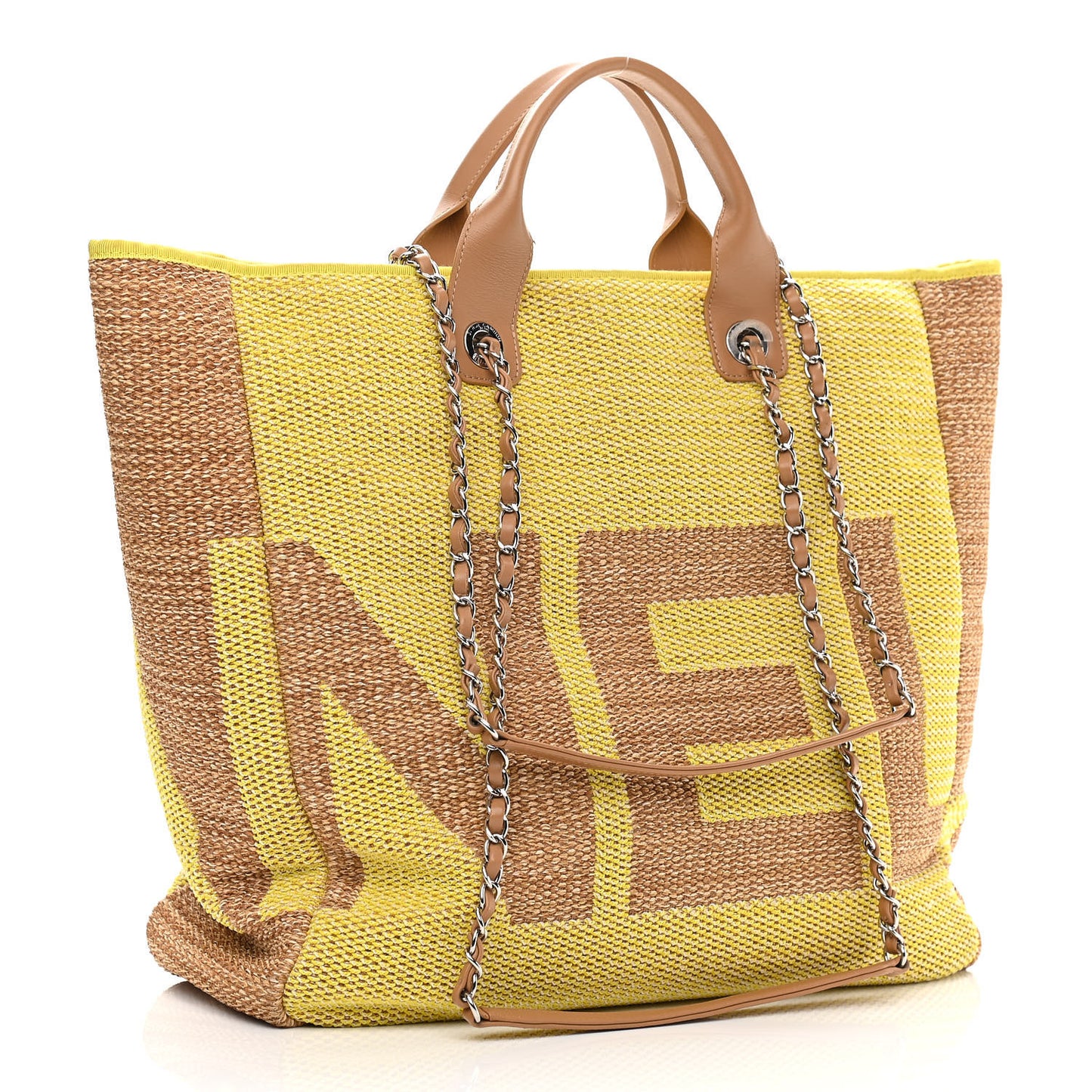 Mixed Fibers Large Shopping Bag Yellow Brown
