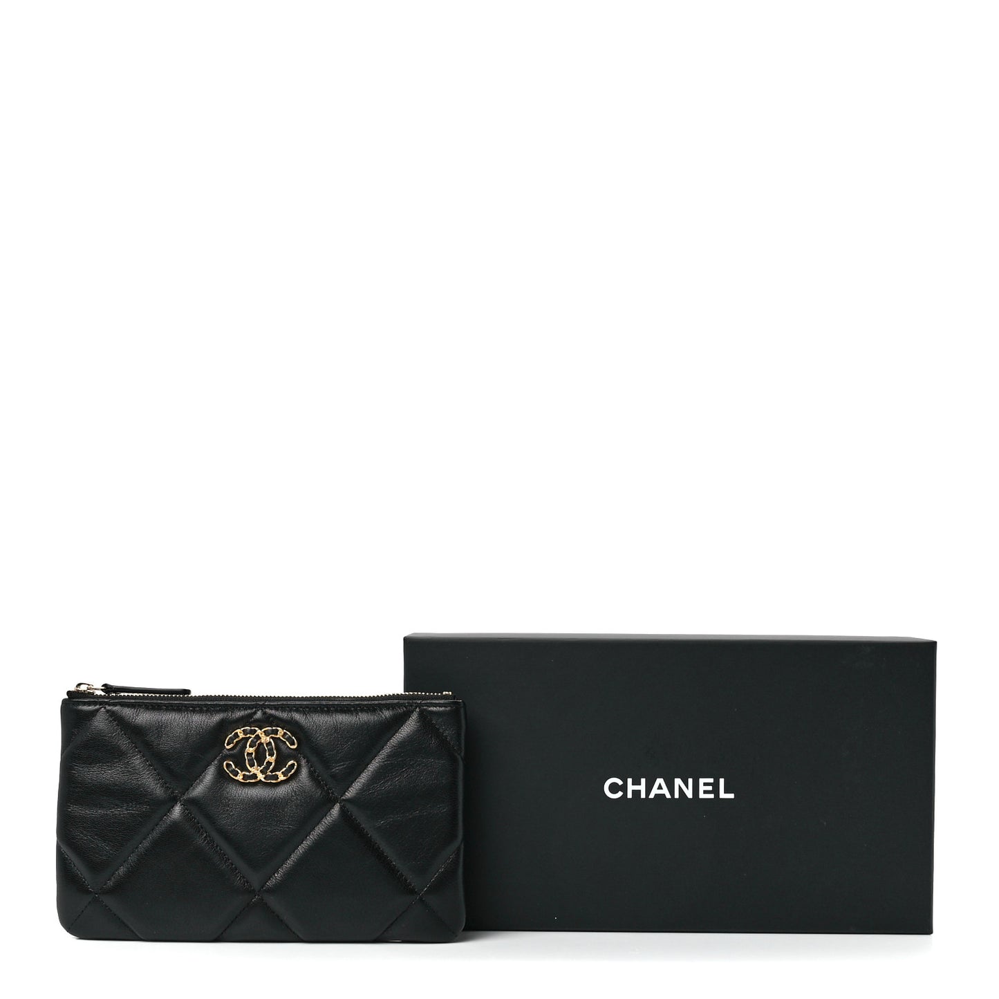 Shiny Goatskin Quilted Small Chanel 19 Pouch Black