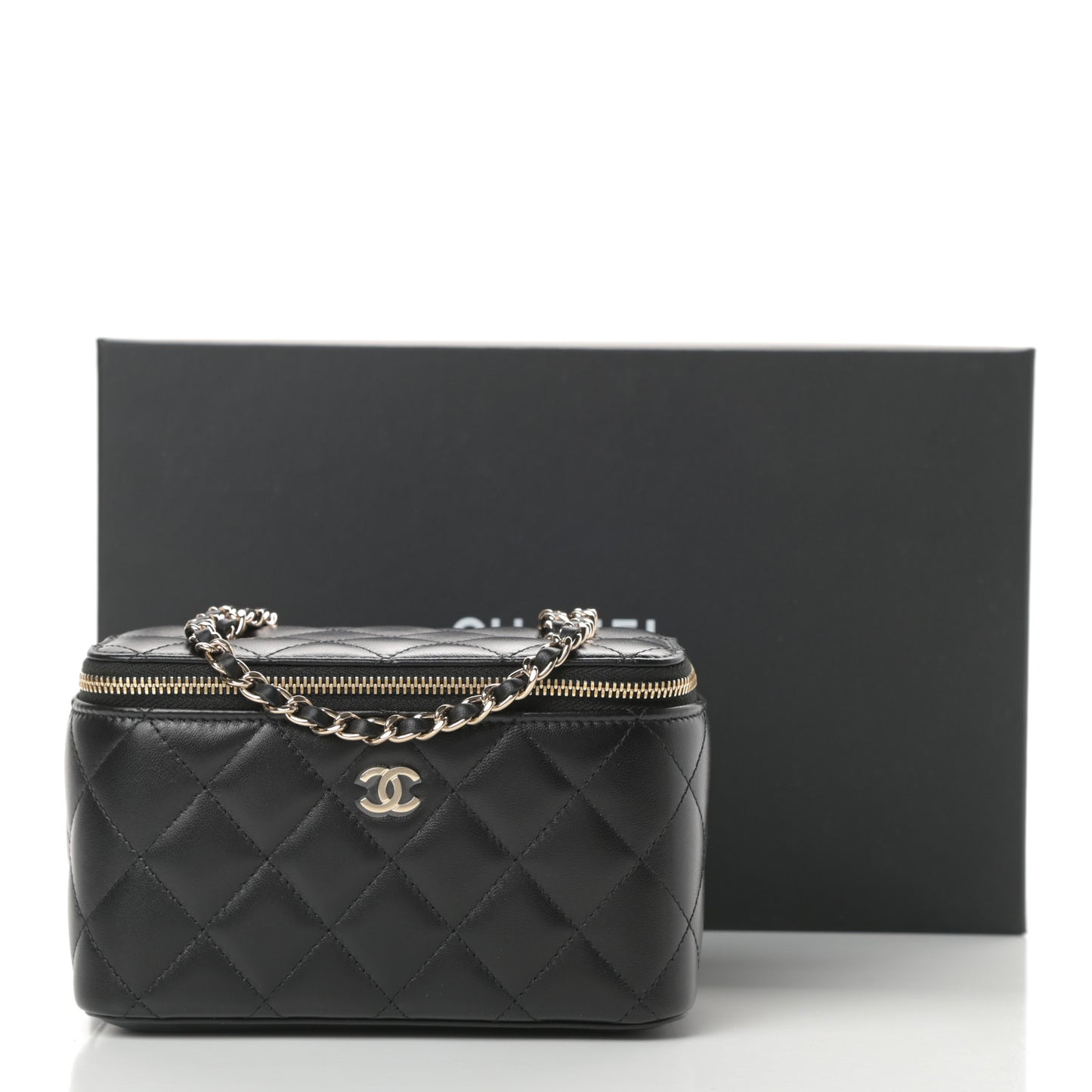Lambskin Quilted Small Vanity Case With Chain Black