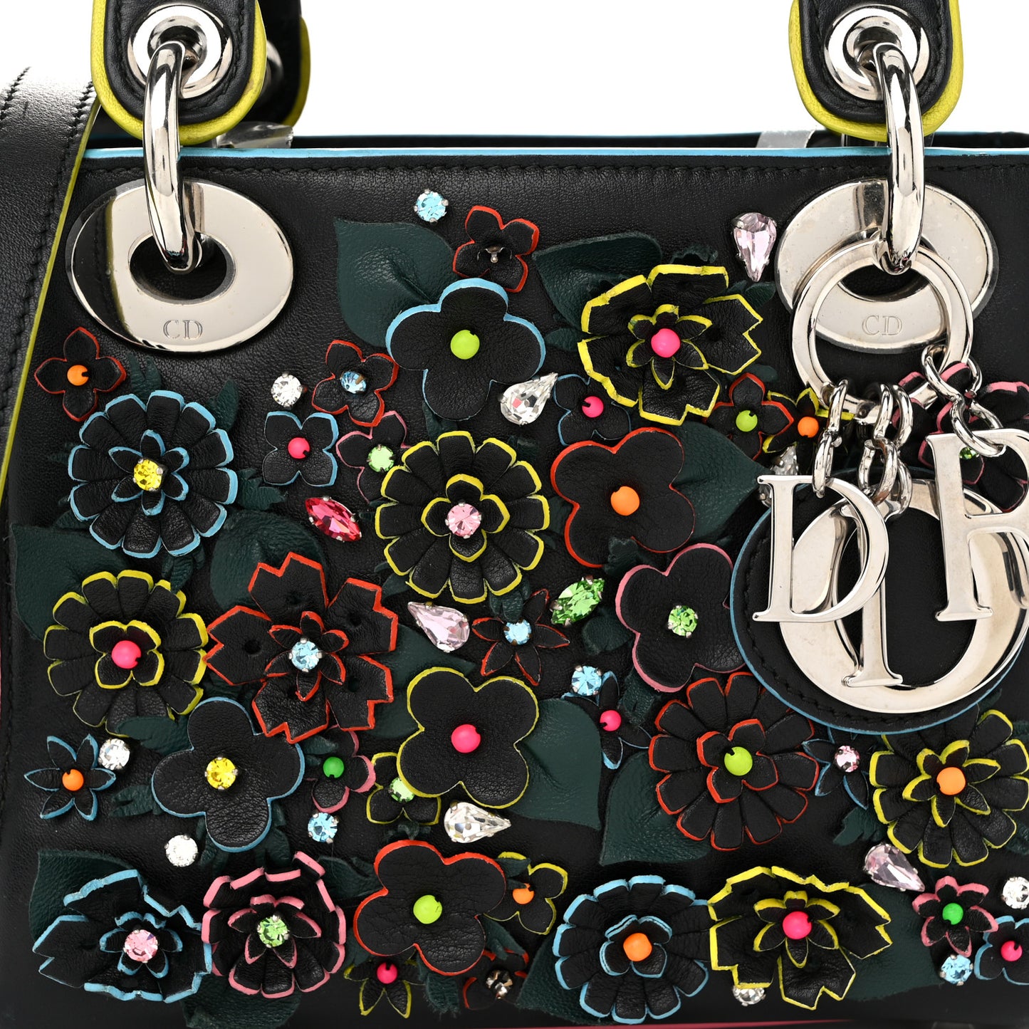 Lambskin Satin Sequin Floral Mini Lady Dior Black