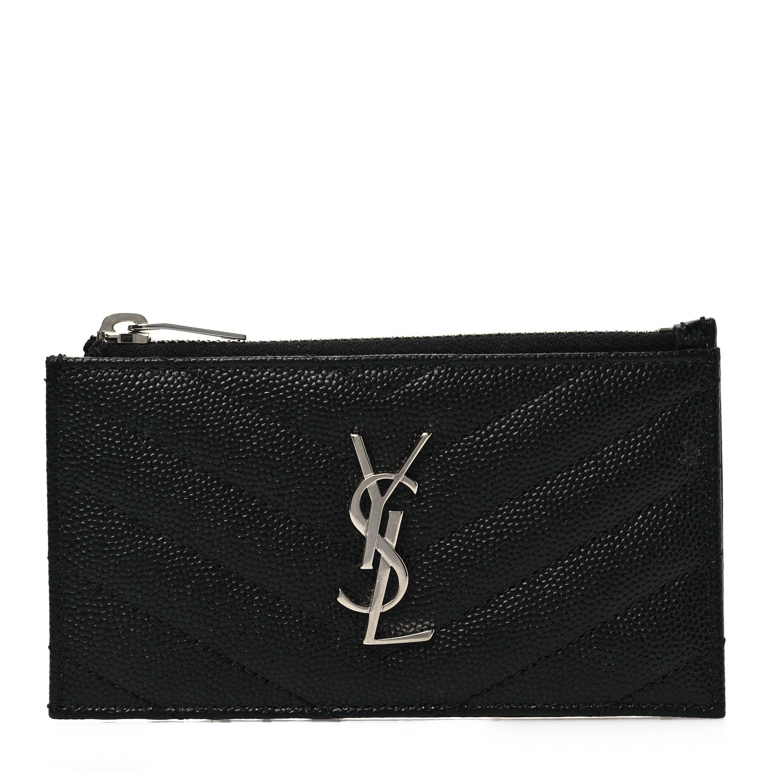 Saint Laurent Grain De Poudre Matelasse Chevron Monogram Fragments Zippered Card Case Black 1 of 7