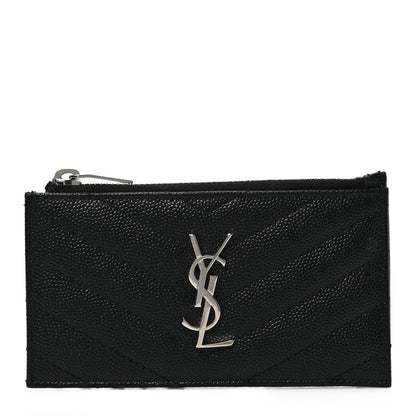 Saint Laurent Grain De Poudre Matelasse Chevron Monogram Fragments Zippered Card Case Black 1 of 7