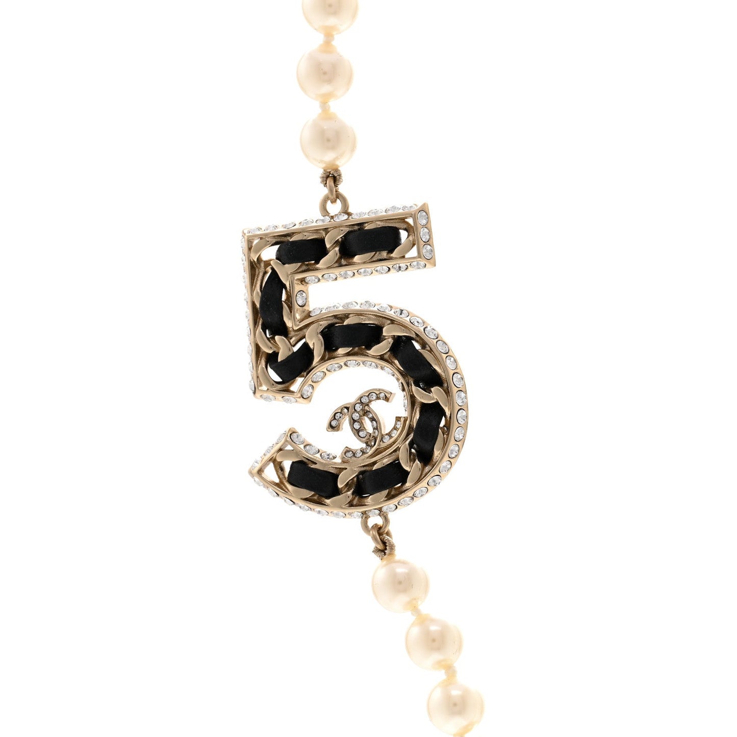 Pearl Crystal Lambskin Chain CC No 5 Short Necklace Gold