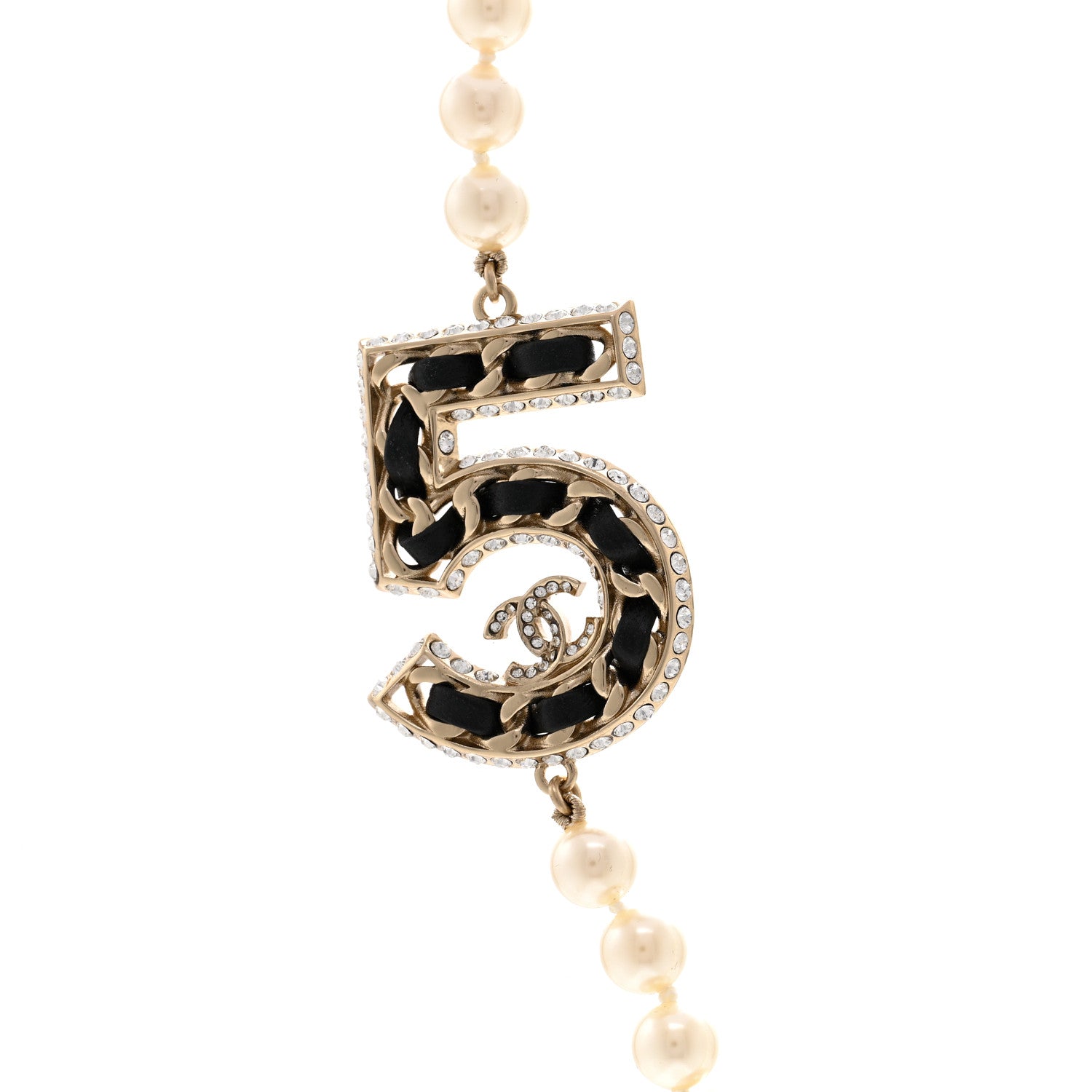 Chanel Pearl Crystal Lambskin Chain CC No 5 Short Necklace Gold 4 of 5