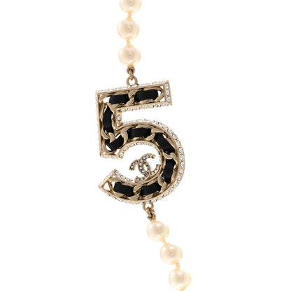 Chanel Pearl Crystal Lambskin Chain CC No 5 Short Necklace Gold 4 of 5