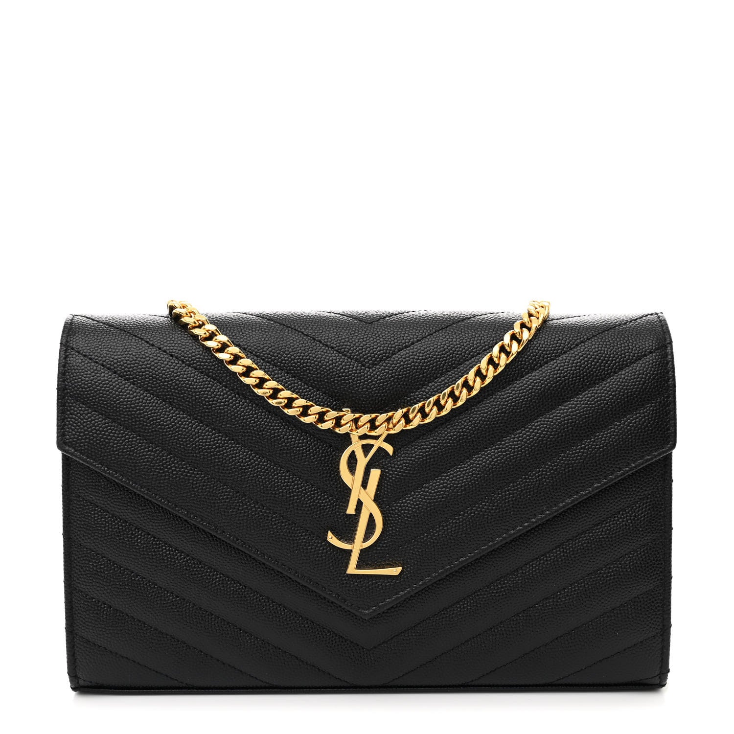 Saint Laurent Grain De Poudre Matelasse Chevron Monogram Chain Wallet Black 1 of 12