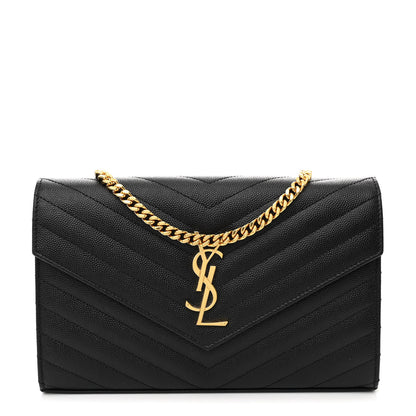 Saint Laurent Grain De Poudre Matelasse Chevron Monogram Chain Wallet Black 1 of 12