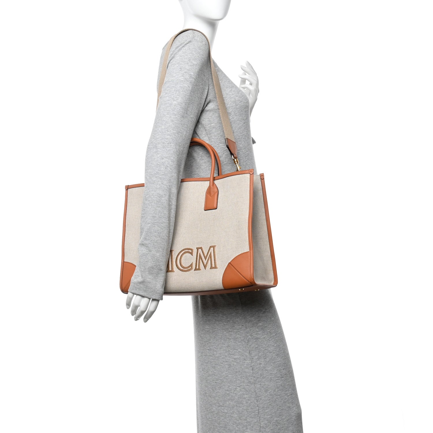 MCM Calfskin Linen Large Munchen Tote Cognac 2 of 12