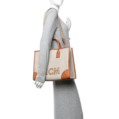 MCM Calfskin Linen Large Munchen Tote Cognac 2 of 12