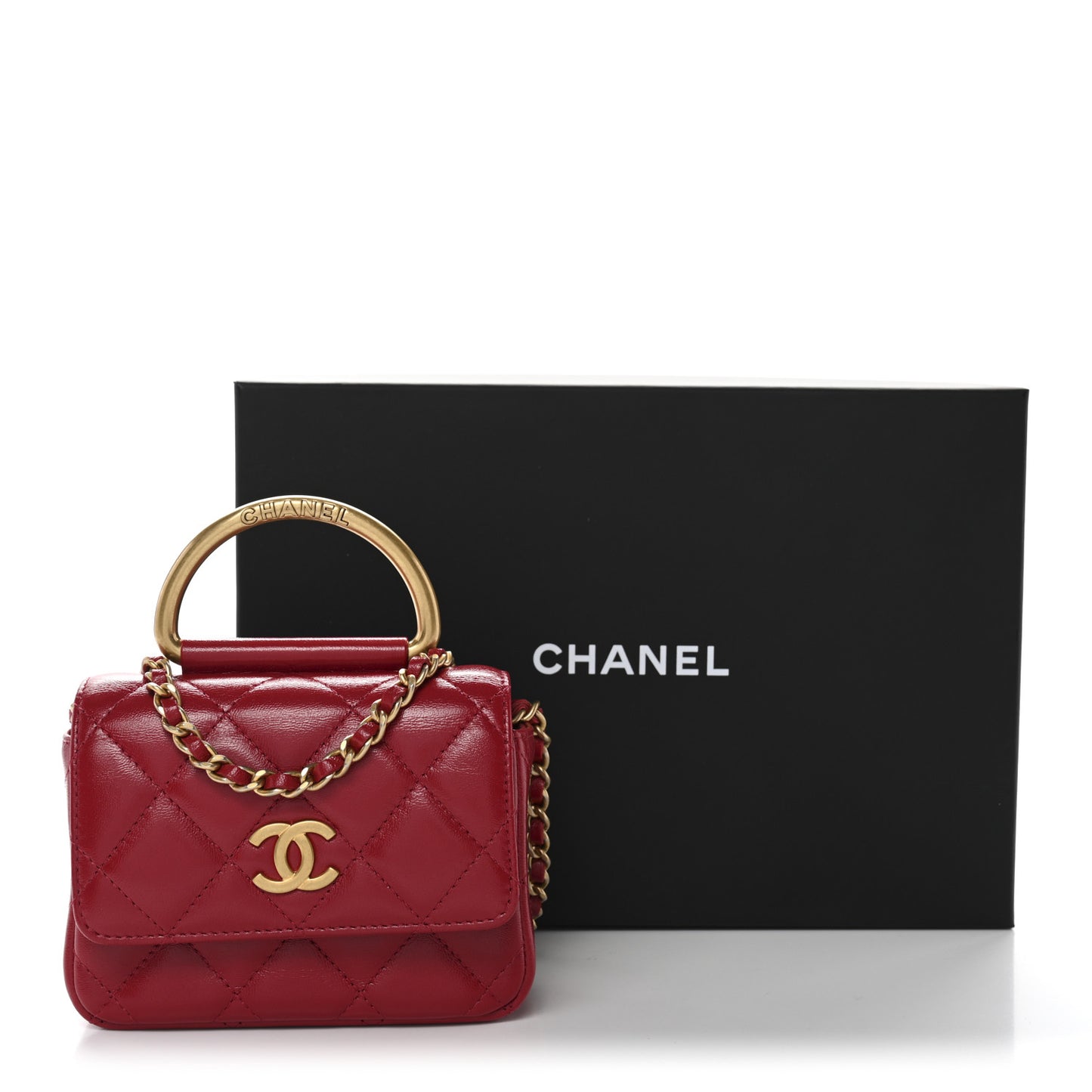 Shiny Lambskin Quilted Mini Metal Top Handle Clutch With Chain  Red