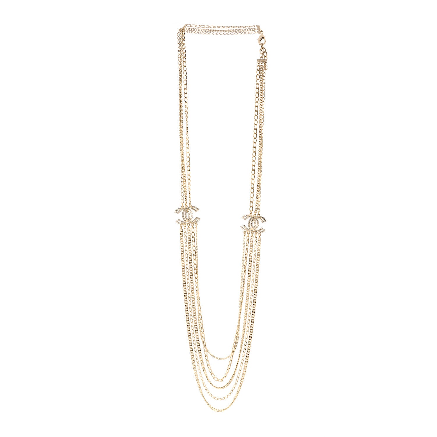 Chanel Multi Strand Chain Baguette Crystal CC Necklace Gold 3 of 5
