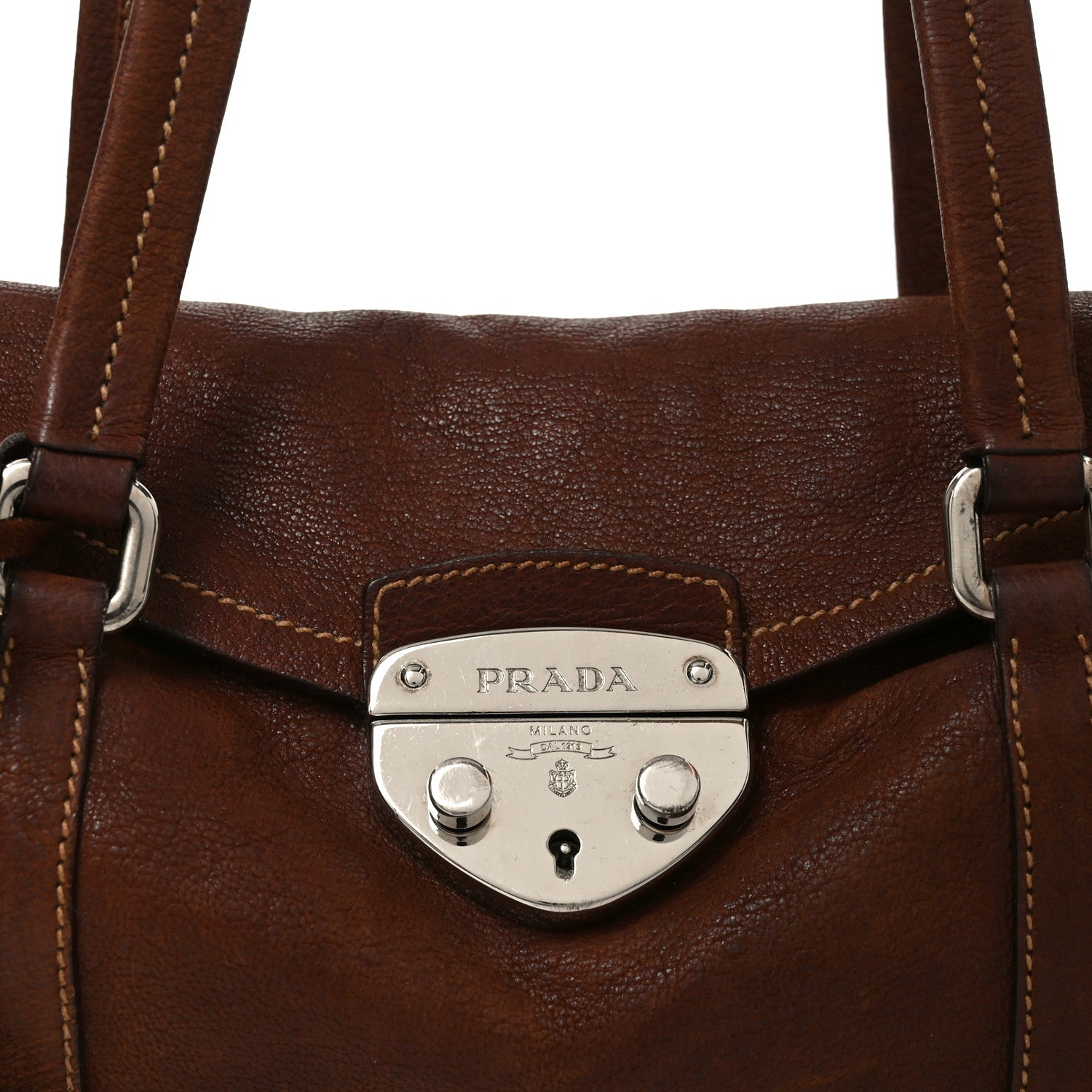 Prada Cervo Antik Easy Foldover Pushlock Satchel Teak 7 of 9