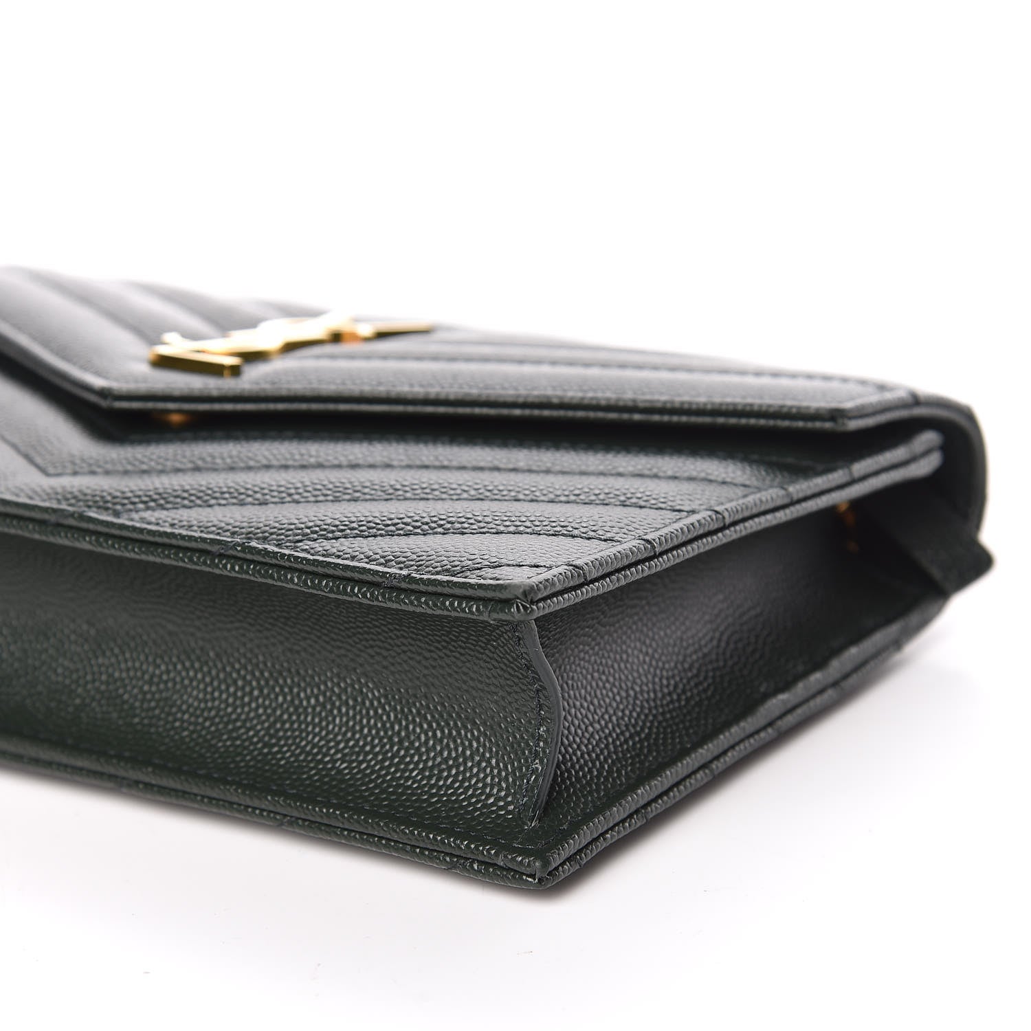 Saint Laurent Grain De Poudre Matelasse Chevron Monogram Envelope Chain Wallet Dark Green 6 of 9