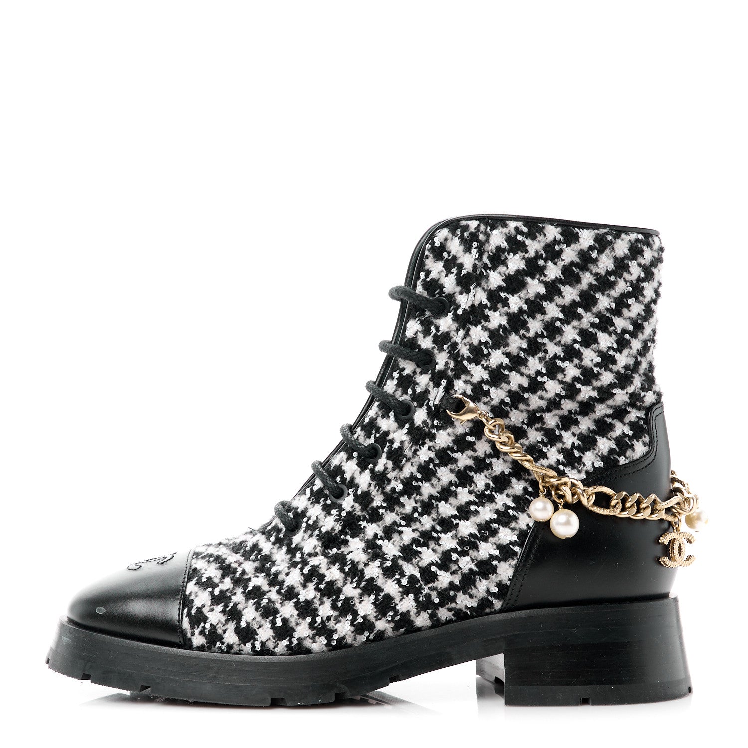 Chanel Wool Tweed Calfskin Chain Lace Up Combat Boots 40 Black White 1 of 10