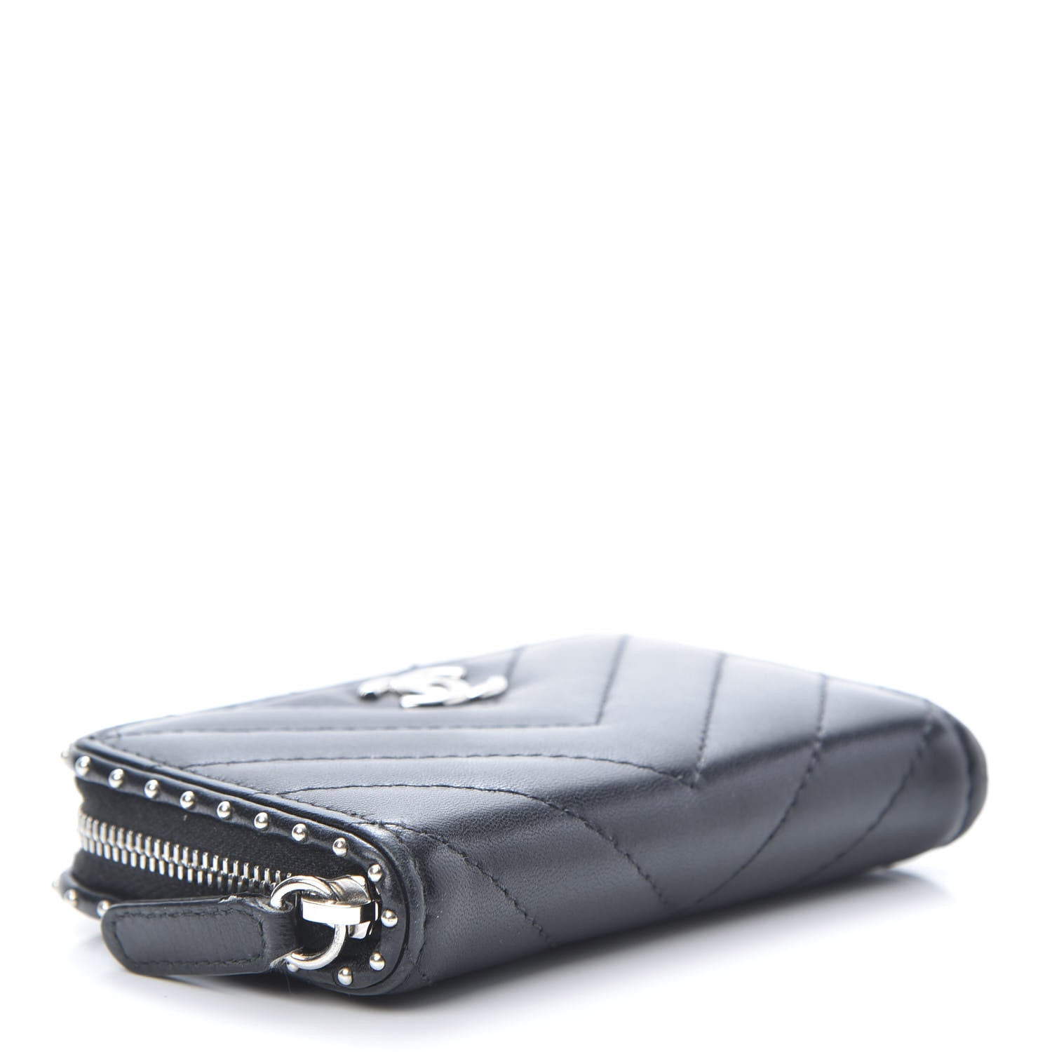 Chanel Lambskin Chevron Quilted Studded Zip Around Coin Purse Black 4 of 8