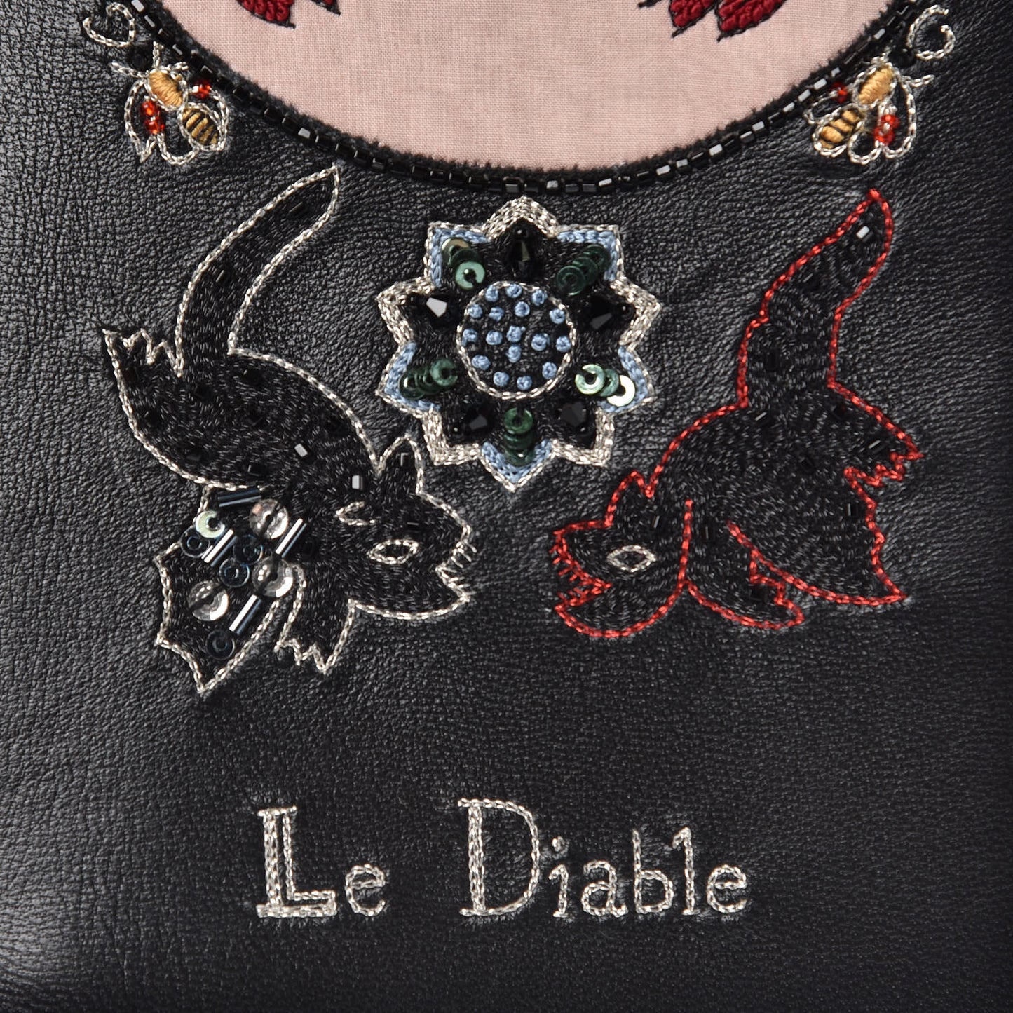 Lambskin Embroidered Le Diable Tarot Pouch Clutch Black