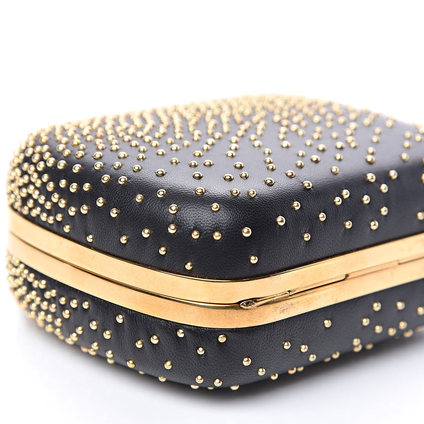 Nappa Studded Mini Queen and King Skull Box Chain Clutch Black Gold