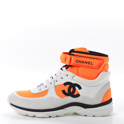 Chanel Suede Calfskin Lambskin Neoprene High Top CC Sneakers 40 White Fluo Orange 1 of 9