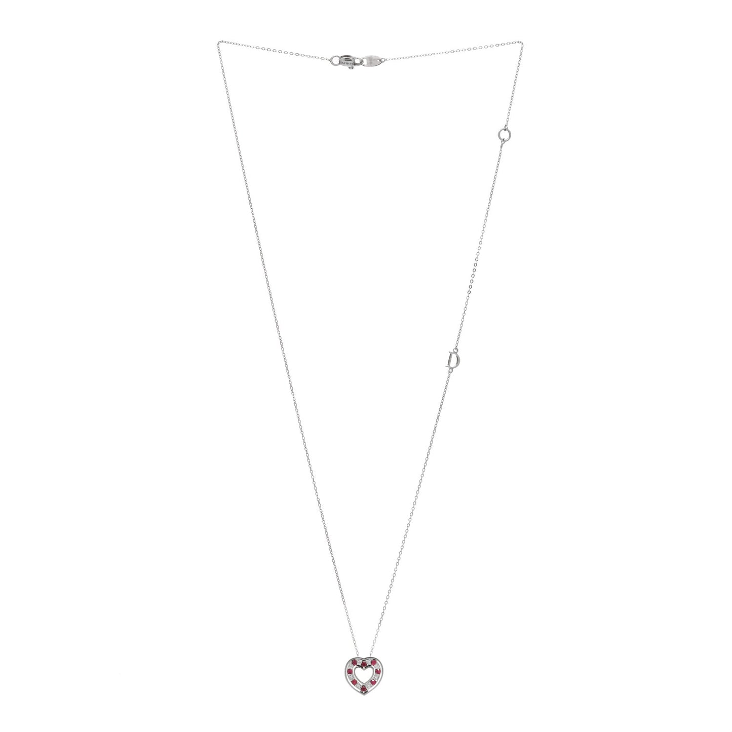 18K White Gold Diamond Ruby Small Belle Epoque Heart Pendant Necklace