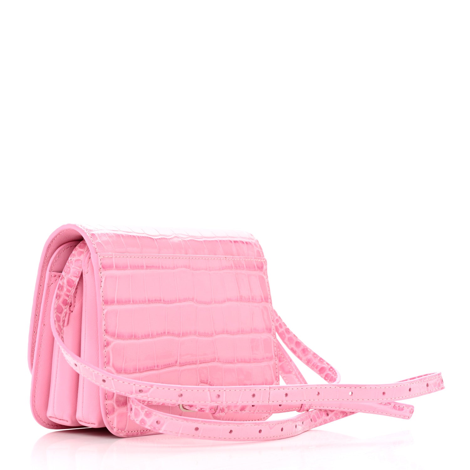 Balenciaga Shiny Calfskin Crocodile Embossed Small B Crossbody Bag Pink 3 of 12