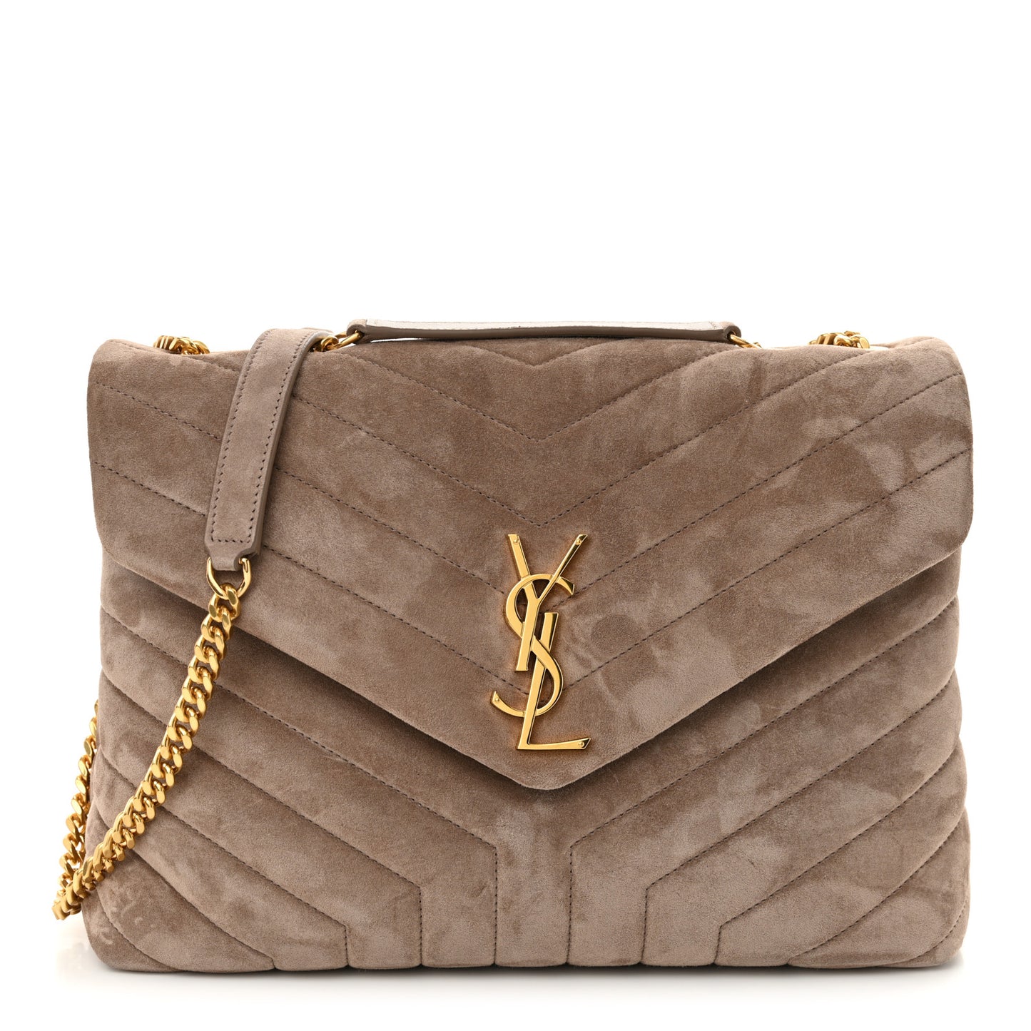 Suede Y Quilted Monogram Medium Loulou Chain Satchel Taupe
