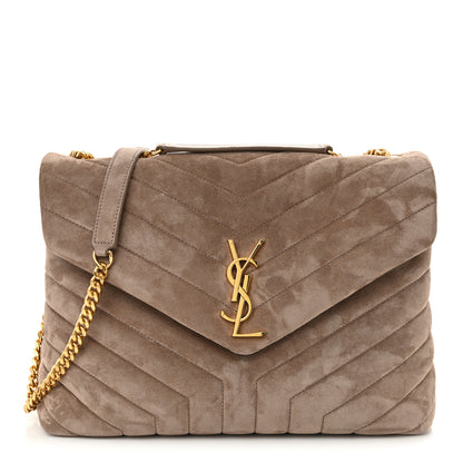 Saint Laurent Suede Y Quilted Monogram Medium Loulou Chain Satchel Taupe 1 of 10