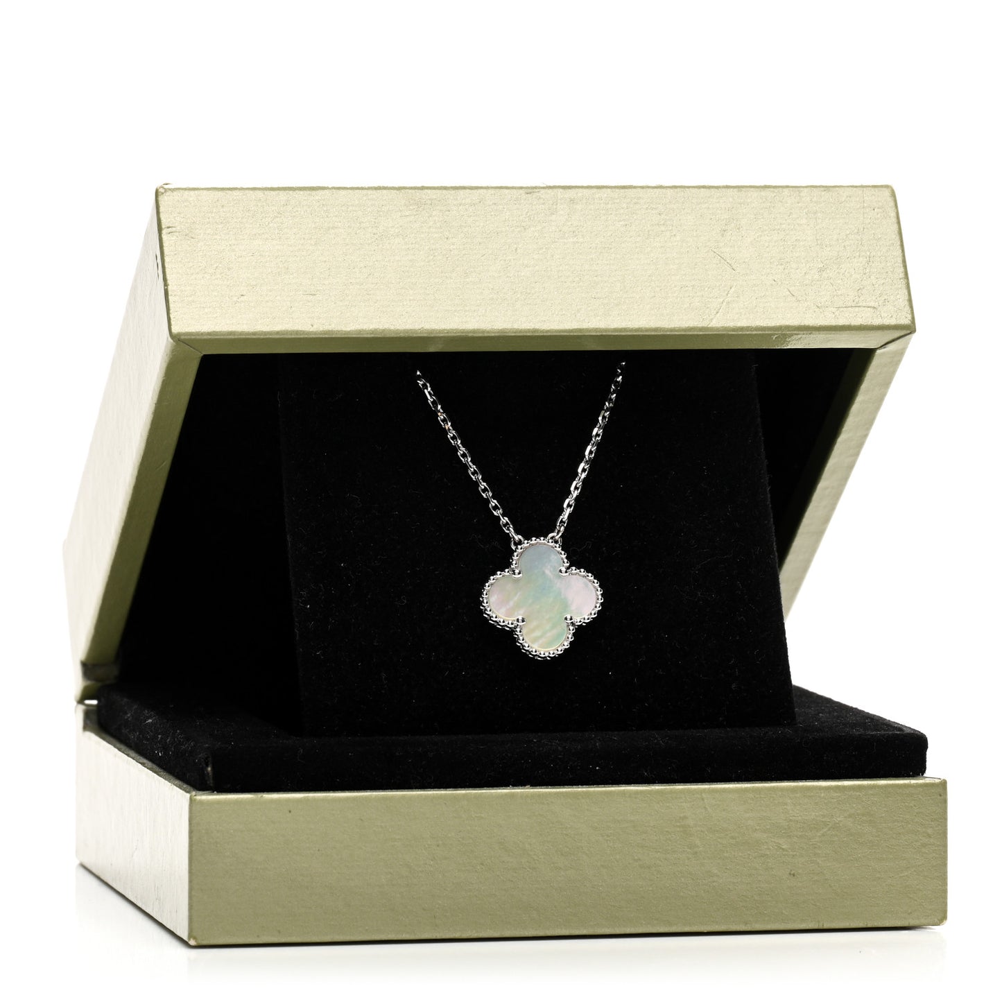 18K White Gold Mother Of Pearl Vintage Alhambra Pendant Necklace