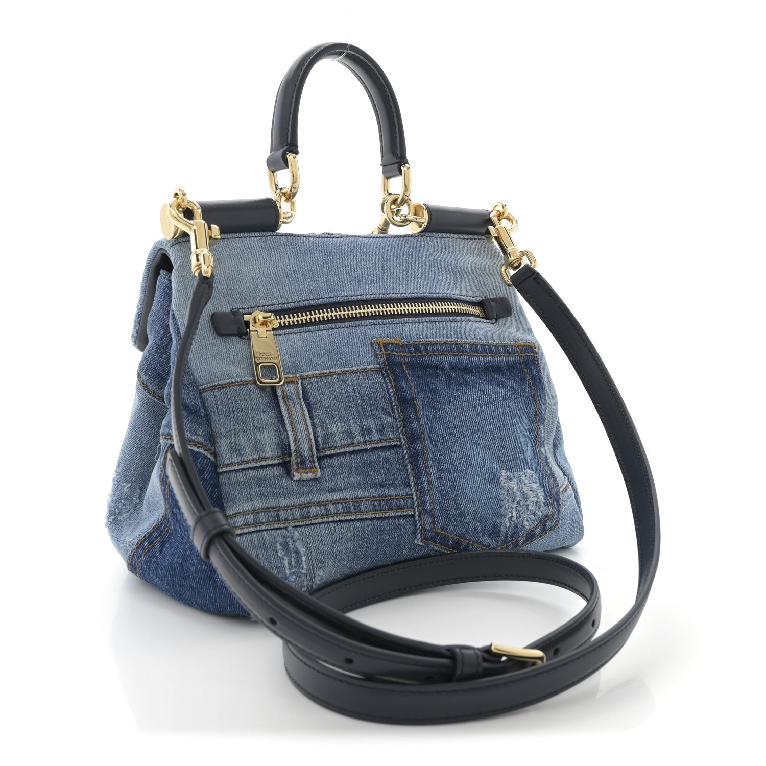Dolce & Gabbana Calfskin Denim Patchwork Mini Miss Sicily Satchel Blue 3 of 9
