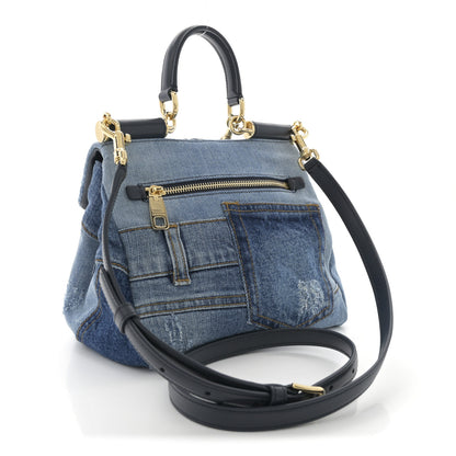 Dolce & Gabbana Calfskin Denim Patchwork Mini Miss Sicily Satchel Blue 3 of 9