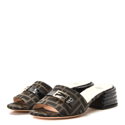 Fendi Jacquard Calfskin FF Crocodile Embossed Promenade Slide Sandals 35.5 Tobacco Moro Black 2 of 10