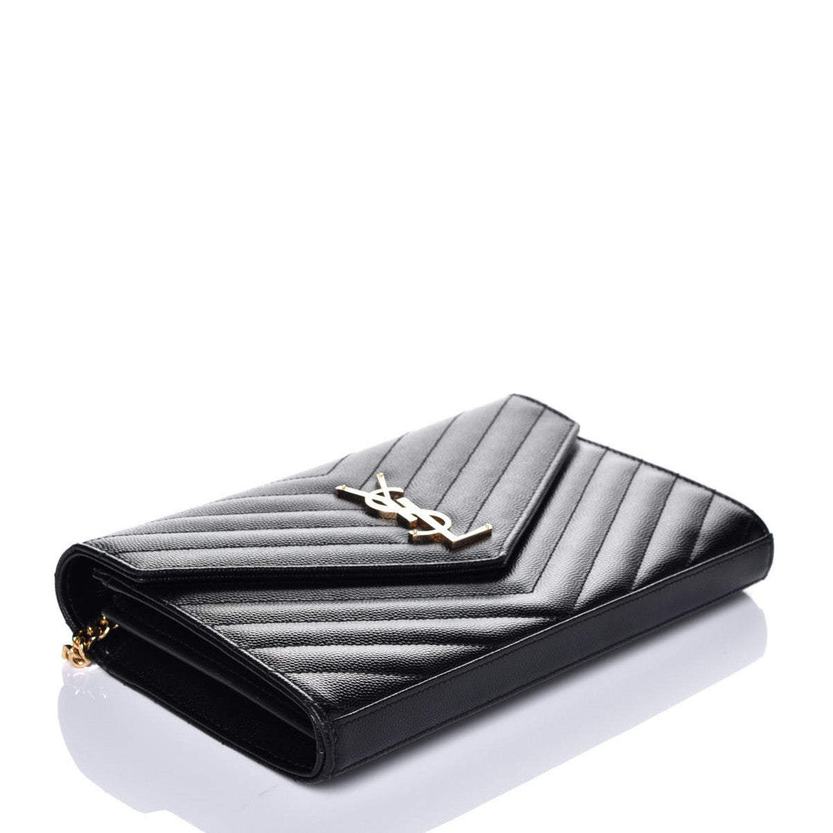 Saint Laurent Grain De Poudre Matelasse Chevron Monogram Chain Wallet Black 3 of 9