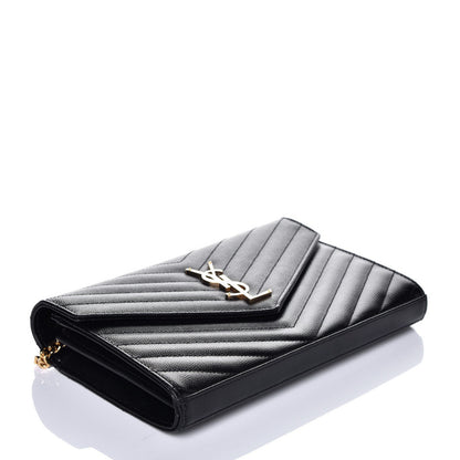 Saint Laurent Grain De Poudre Matelasse Chevron Monogram Chain Wallet Black 3 of 9